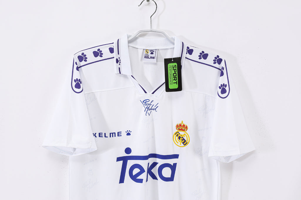 1996-97 Real Madrid Home Retro Vintage Football Jersey - Kelme Teka Paw Print Edition