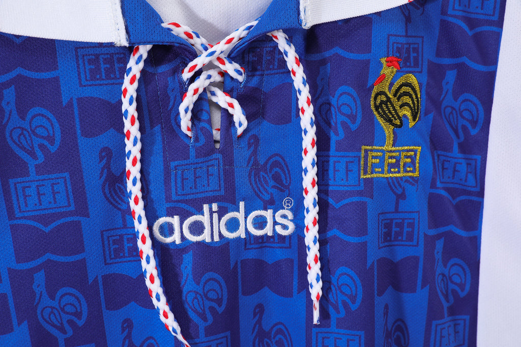 1994-96 France Home Retro Vintage Football Jersey - Adidas Lace-Up Collar Edition